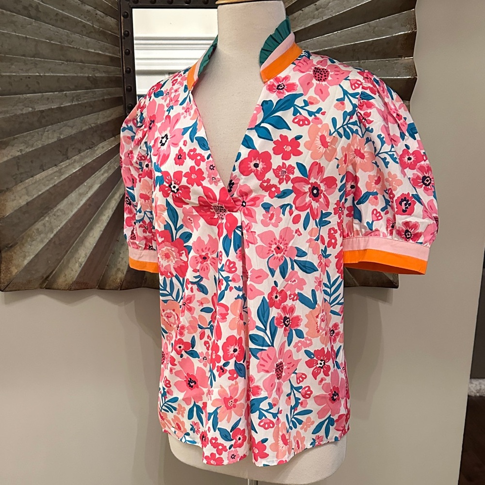 New! Mod Boutique Floral Puff Sleeve Blouse Pink Flowers Sz LG